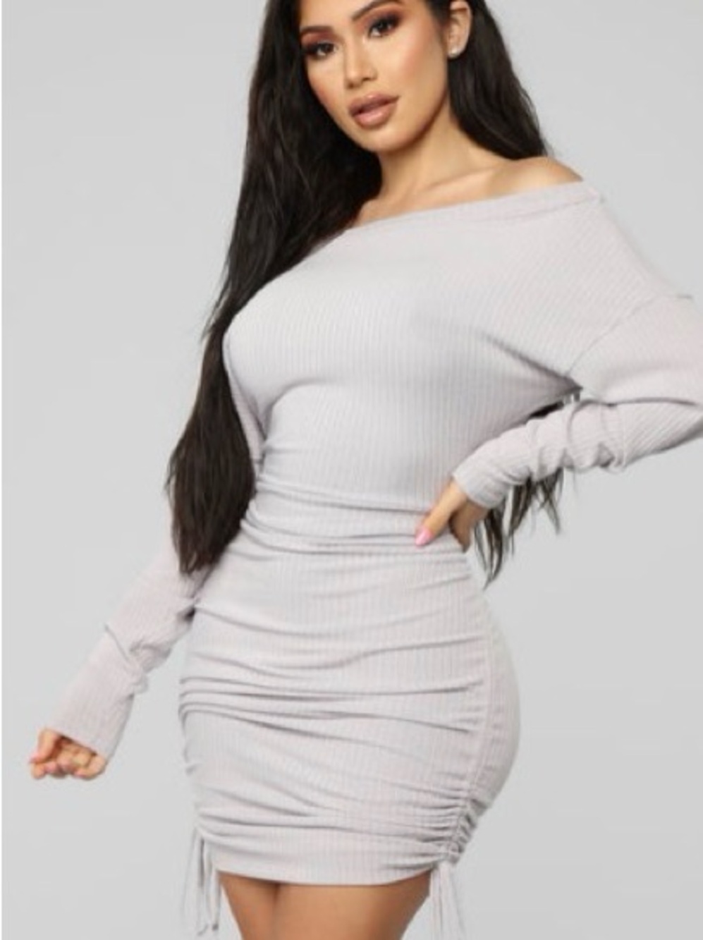 Fashion Nova Off-Shoulder Ribbed Mini Dress in Lilac
